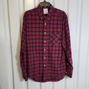 Billy Reid Standard Cut Red and Blue Plaid Button Down Shirt 100% Cotton Large